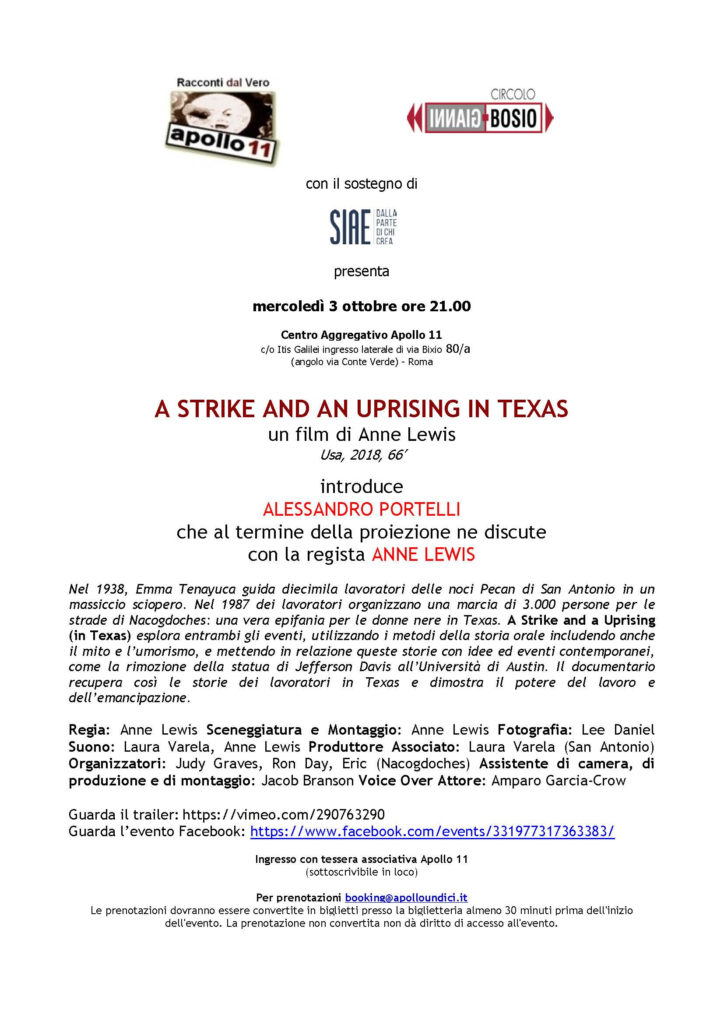 You are currently viewing A Strike and an Uprising (in Texas!) screens in Rome Oct. 3rd, 2018